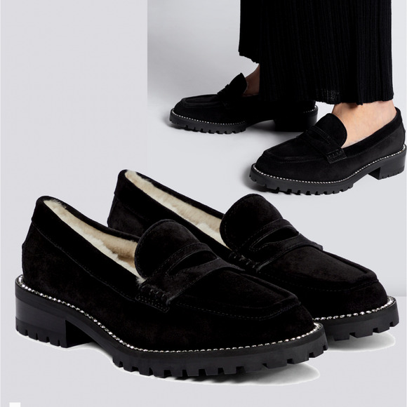 Jimmy Choo 9 CRYSTAL Suede Loafers SHEARLING LINED Chunky Lug Sole Deanna Black - Picture 10 of 10